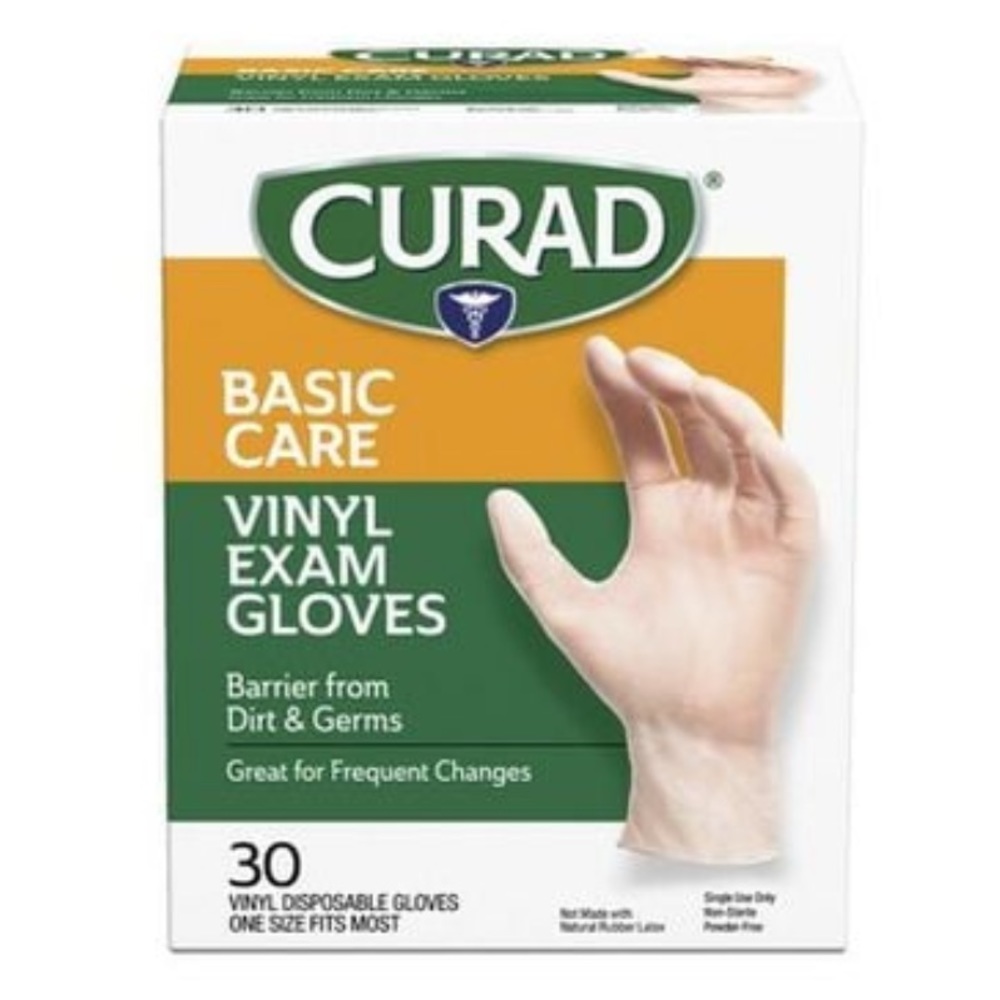 4 boxes Curad Basic Care Vinyl Exam Gloves, Disposable, One Size Fits Most 30ct